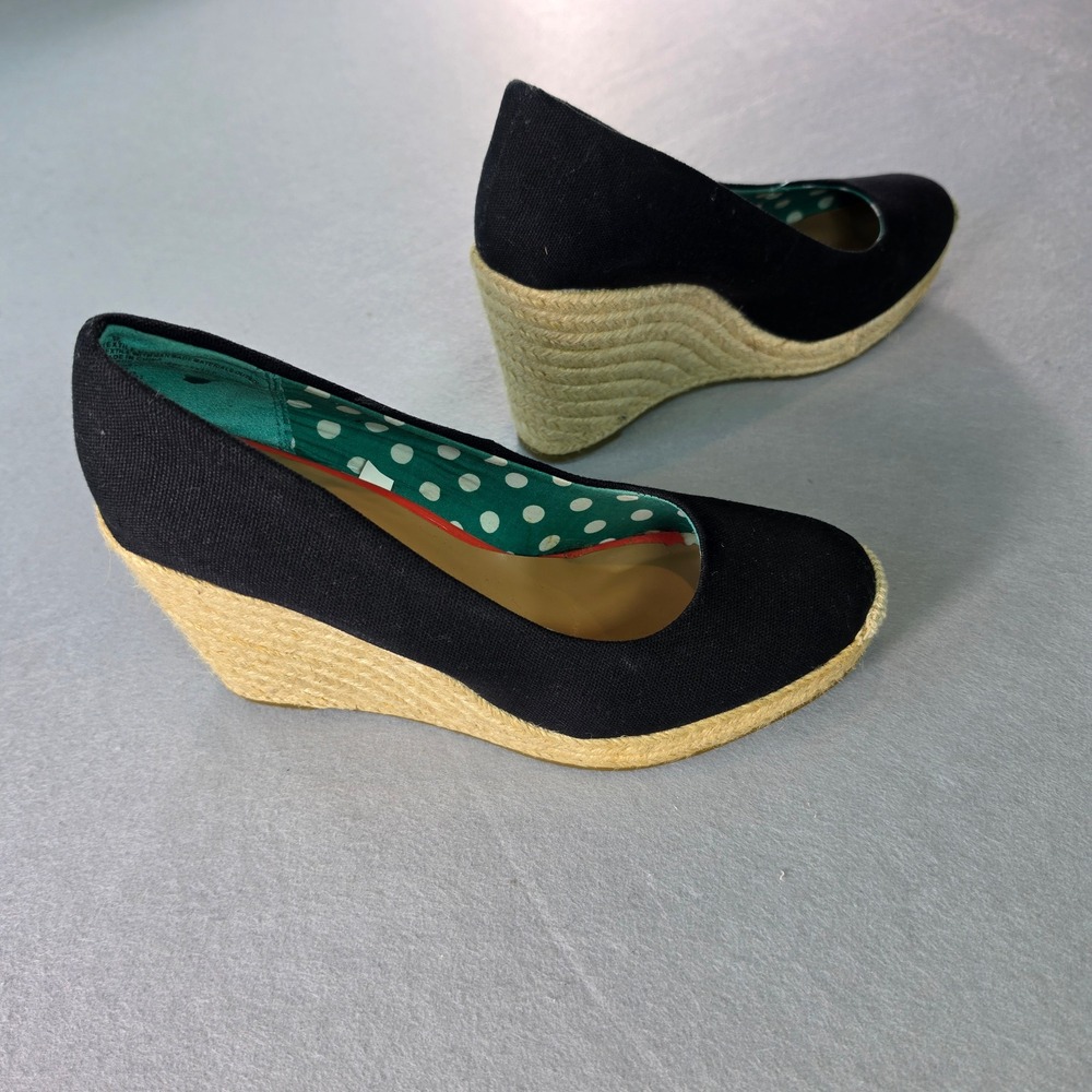 Black Canvas Espadrille Wedge Sandals Polka Dot Lining Size 9 Coastal Boho
